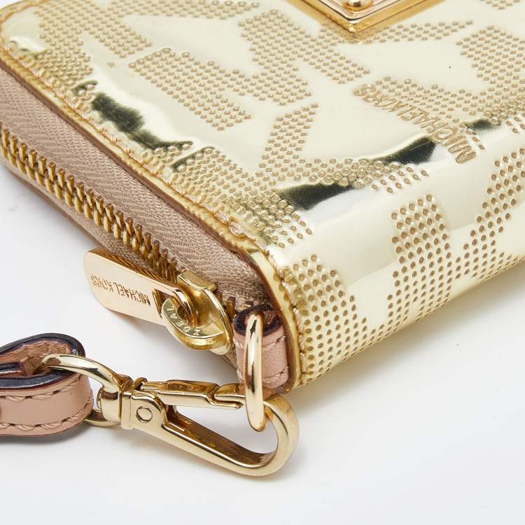 Pre Owned Michael Kors Gold Patent Leather Zip Around Wallet