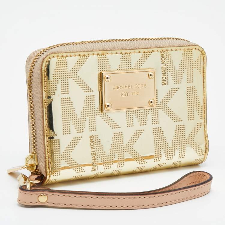 Pre Owned Michael Kors Gold Patent Leather Zip Around Wallet