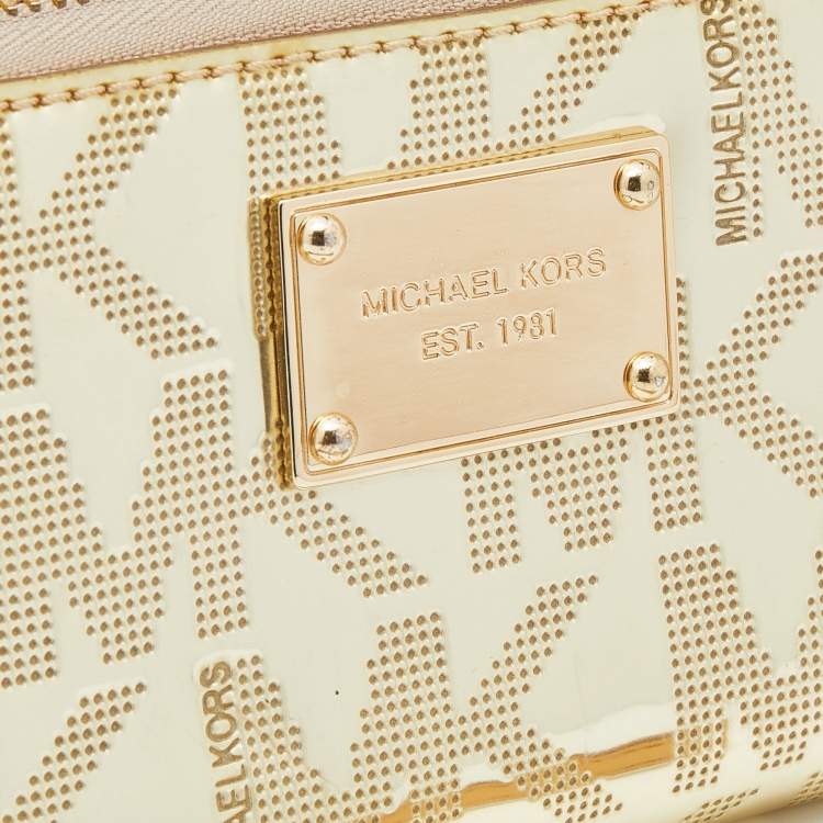 Pre Owned Michael Kors Gold Patent Leather Zip Around Wallet