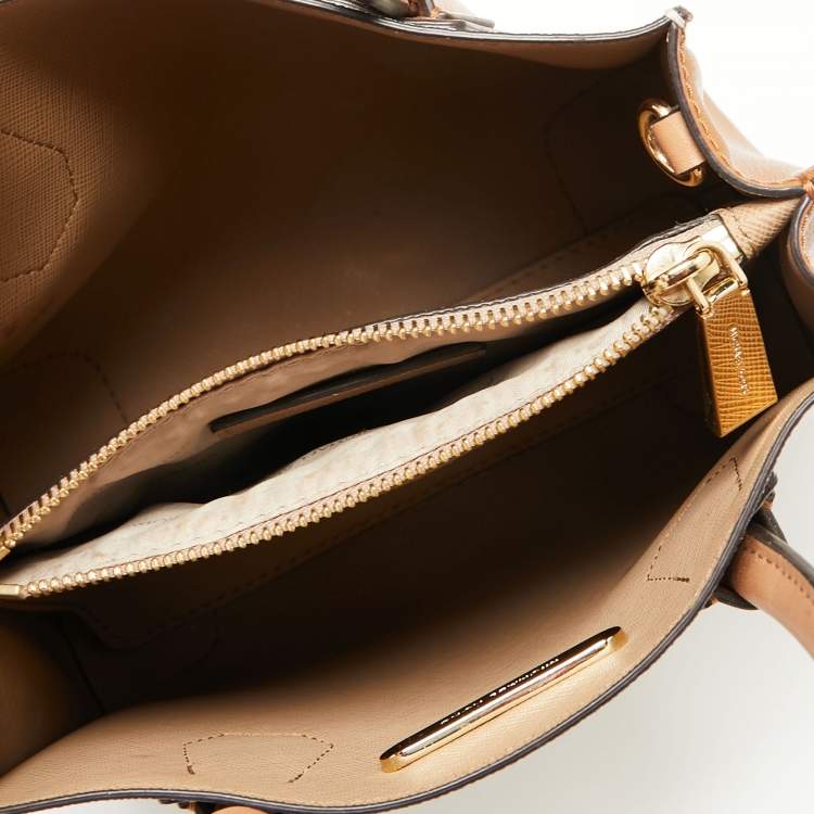 Pre Owned Michael Kors Light Brown/White Signature Coated Canvas and Leather Mini Mercer Tote