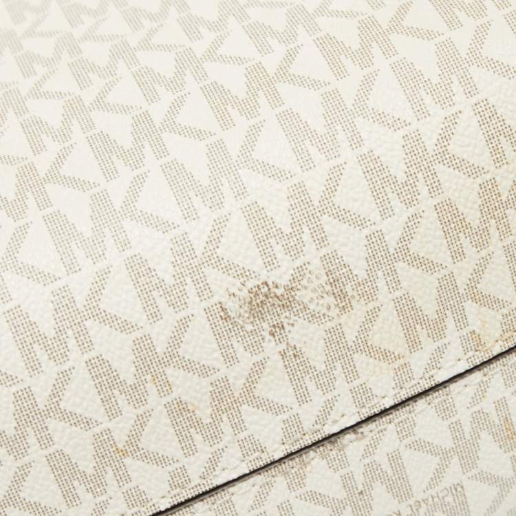 Pre Owned Michael Kors Light Brown/White Signature Coated Canvas and Leather Mini Mercer Tote