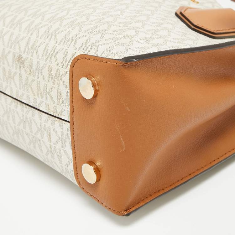 Pre Owned Michael Kors Light Brown/White Signature Coated Canvas and Leather Mini Mercer Tote
