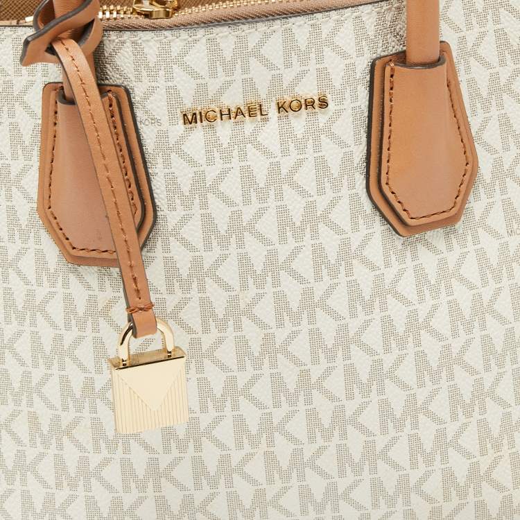 Pre Owned Michael Kors Light Brown/White Signature Coated Canvas and Leather Mini Mercer Tote