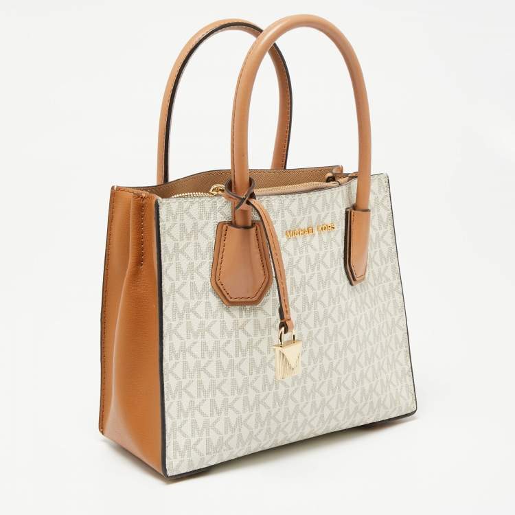 Pre Owned Michael Kors Light Brown/White Signature Coated Canvas and Leather Mini Mercer Tote