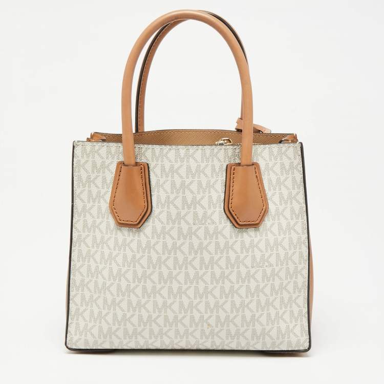 Pre Owned Michael Kors Light Brown/White Signature Coated Canvas and Leather Mini Mercer Tote
