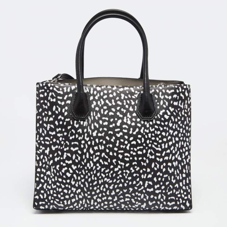 Pre Owned Michael Kors Black/White Leopard Print Leather Large Mercer Tote