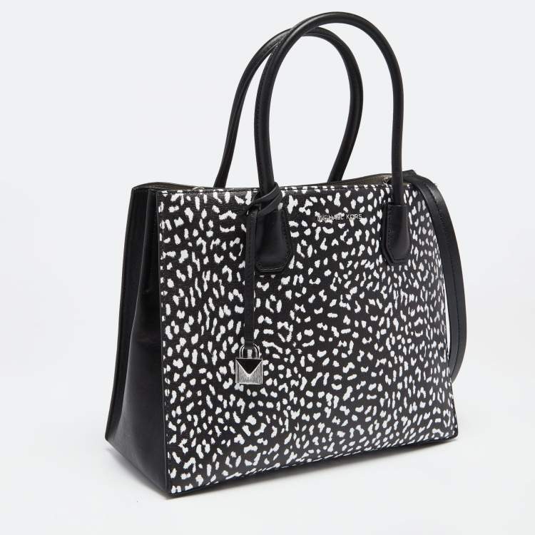 Pre Owned Michael Kors Black/White Leopard Print Leather Large Mercer Tote