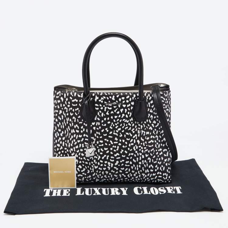 Pre Owned Michael Kors Black/White Leopard Print Leather Large Mercer Tote