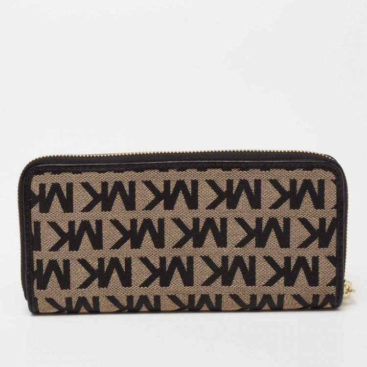 Pre Owned Michael Kors Beige/Black Signature Canvas and Leather Trim Zip Around Wallet