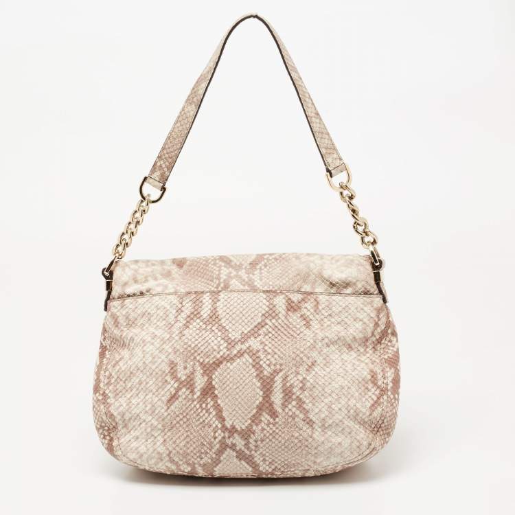 Pre Owned Michael Kors Beige Python Embossed Leather Bedford Crossbody Bag