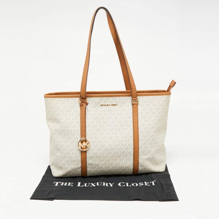 Pre Owned Michael Kors Brown/Off White Monogram Coated Canvas and Leather Large Sady Tote 
