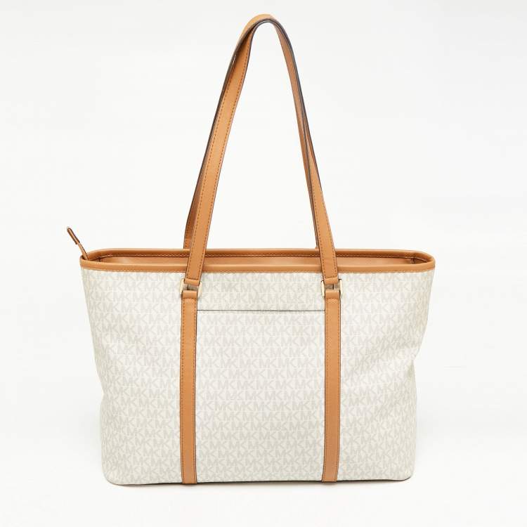 Pre Owned Michael Kors Brown/Off White Monogram Coated Canvas and Leather Large Sady Tote 