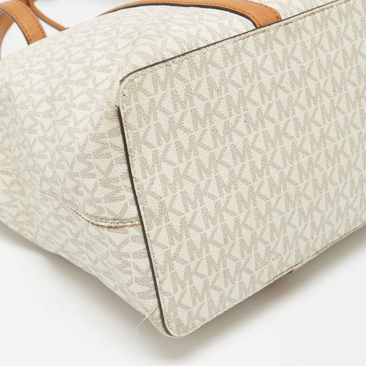 Pre Owned Michael Kors Brown/Off White Monogram Coated Canvas and Leather Large Sady Tote 