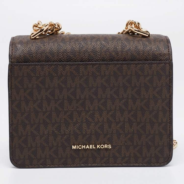 Pre Owned Michael Kors Dark Brown/Black Signature Coated Canvas And Leather Jade Shoulder Bag