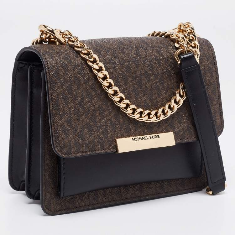 Pre Owned Michael Kors Dark Brown/Black Signature Coated Canvas And Leather Jade Shoulder Bag