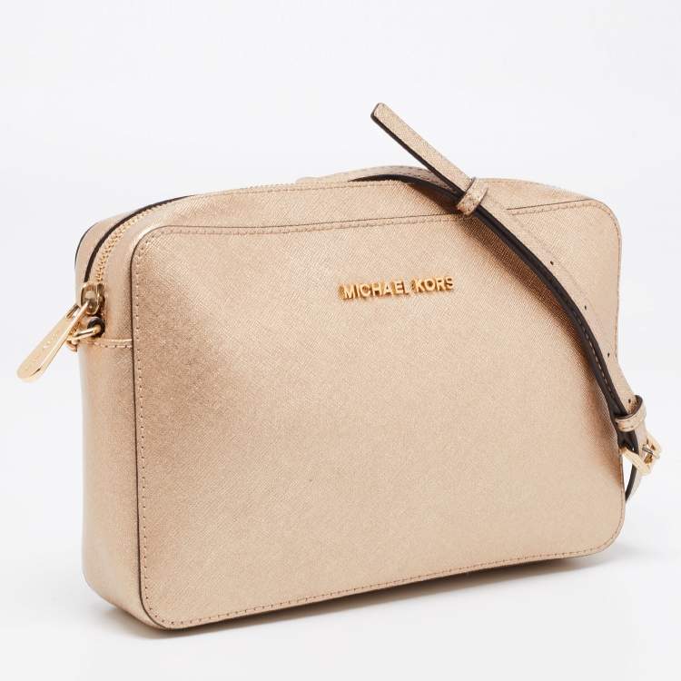 Pre Owned Michael Kors Metallic Gold Leather Jet Set Camera Crossbody Bag