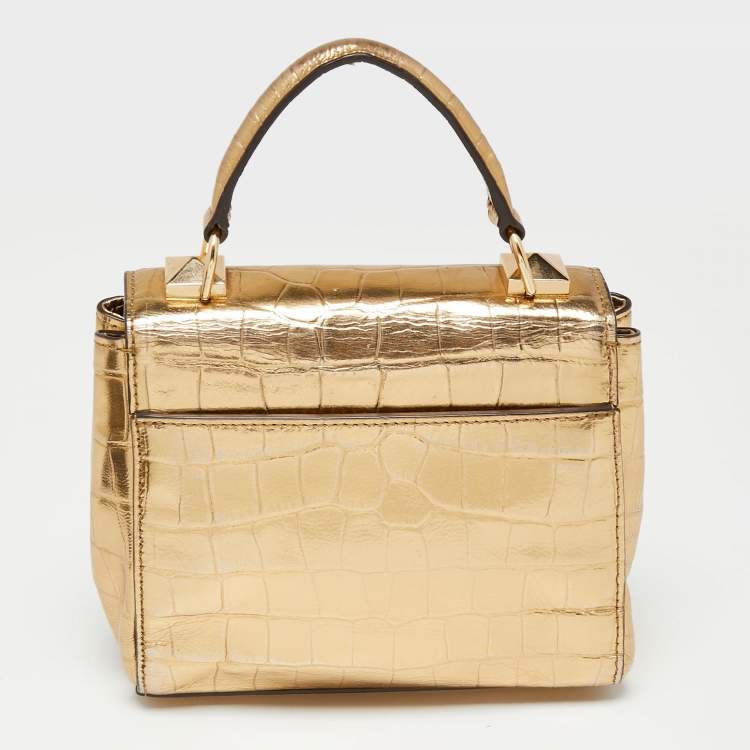 Pre Owned Michael Kors Metallic Gold Croc Embossed Leather Karla Top Handle Bag