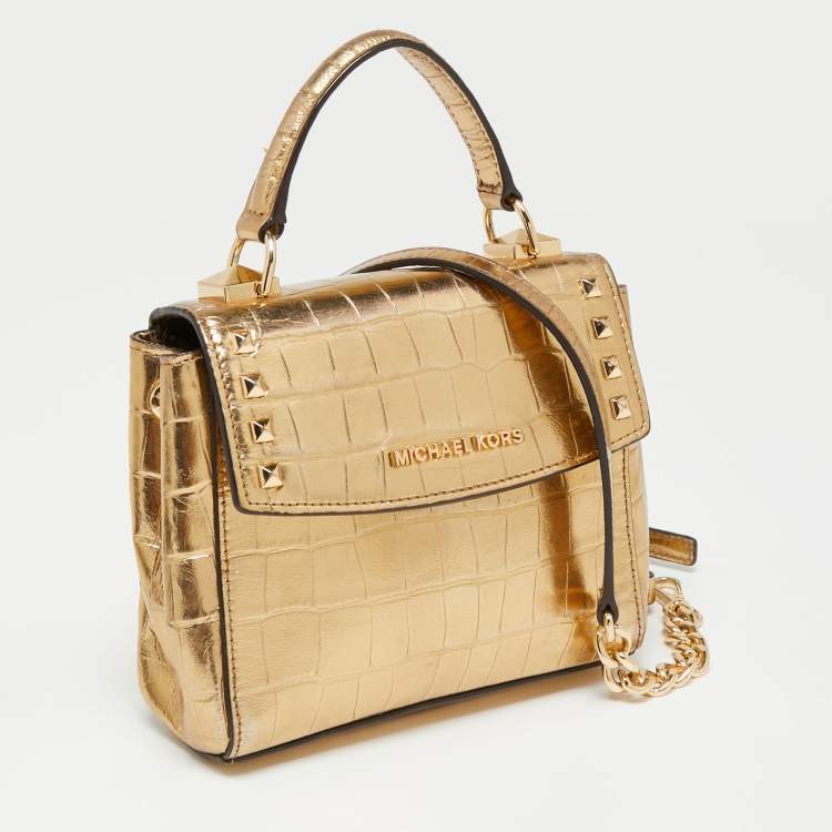Pre Owned Michael Kors Metallic Gold Croc Embossed Leather Karla Top Handle Bag