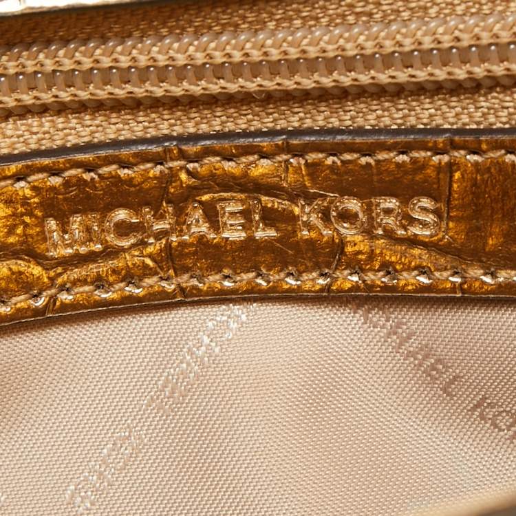 Pre Owned Michael Kors Metallic Gold Croc Embossed Leather Karla Top Handle Bag