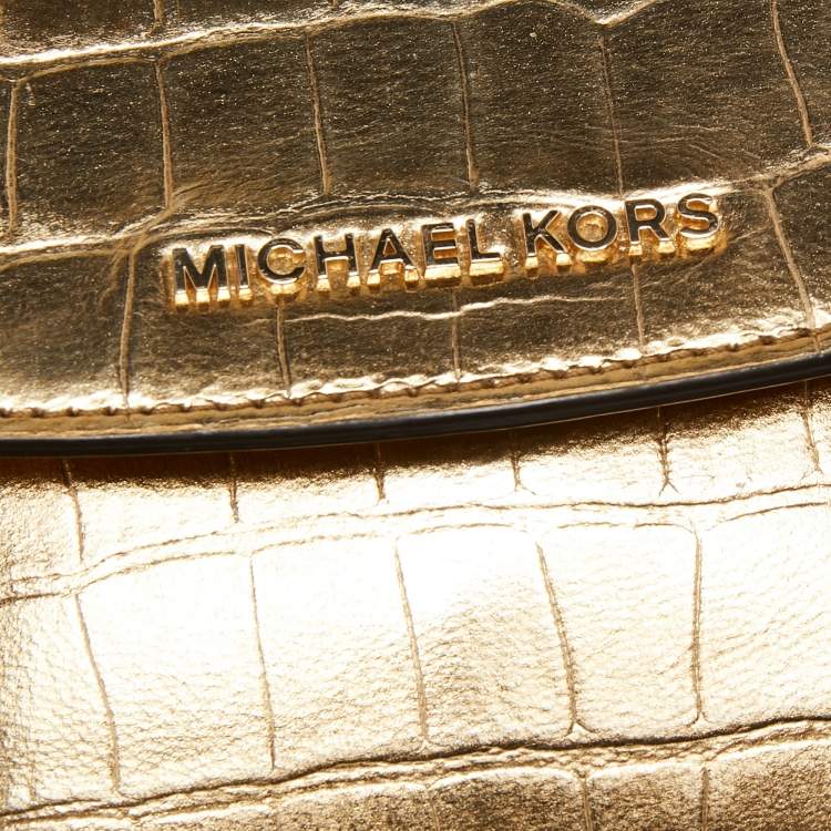Pre Owned Michael Kors Metallic Gold Croc Embossed Leather Karla Top Handle Bag
