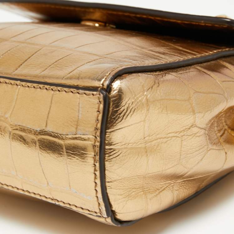 Pre Owned Michael Kors Metallic Gold Croc Embossed Leather Karla Top Handle Bag