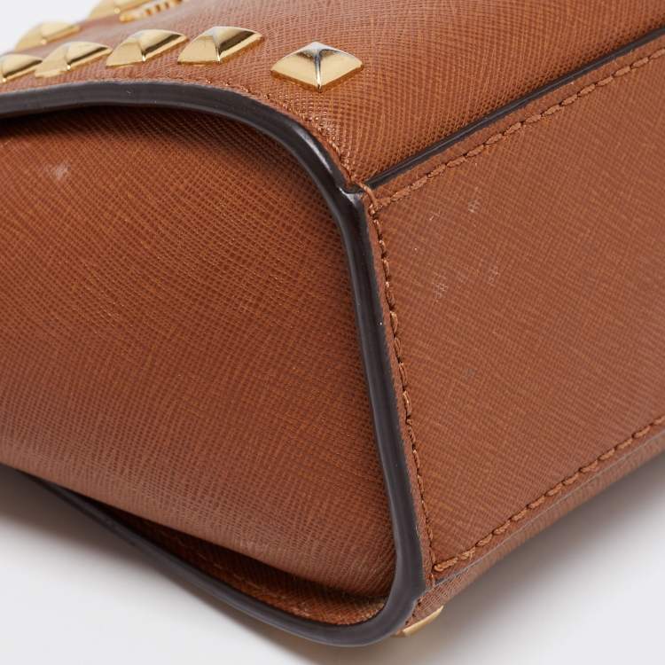 Pre Owned Michael Kors Dark Brown Studded Leather Selma Crossbody Bag