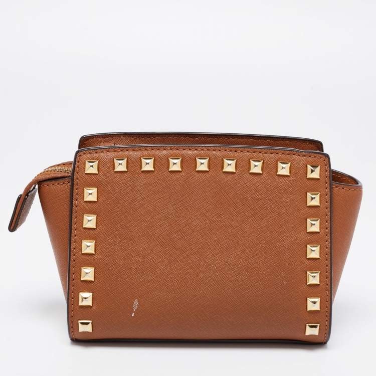 Pre Owned Michael Kors Dark Brown Studded Leather Selma Crossbody Bag