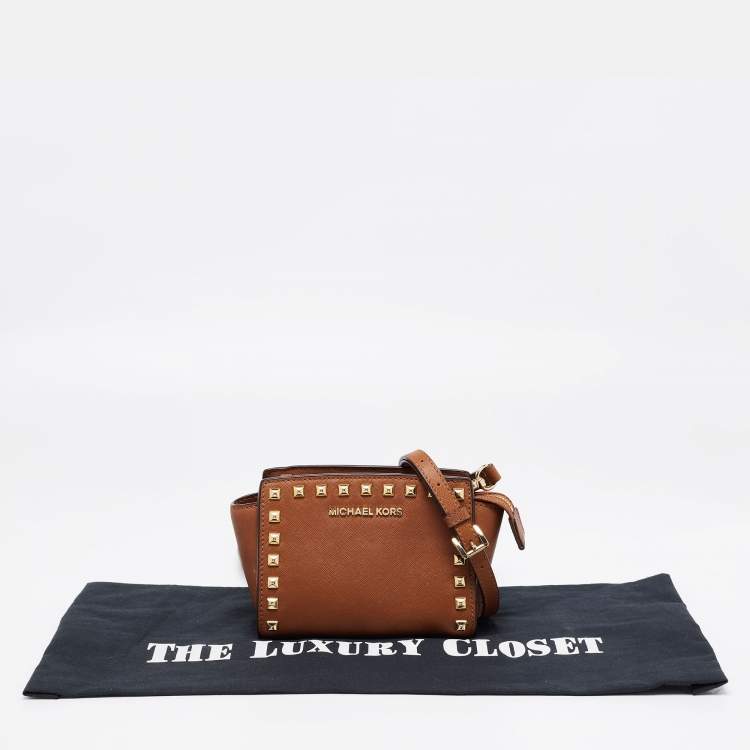 Pre Owned Michael Kors Dark Brown Studded Leather Selma Crossbody Bag