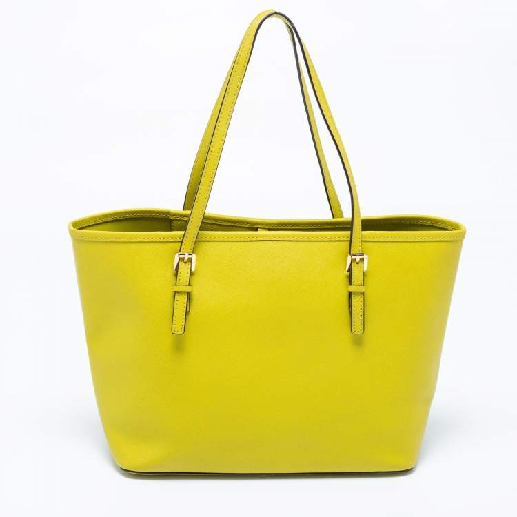 Pre Owned Michael Kors Neon Green Leather Small Jet Set Travel Tote