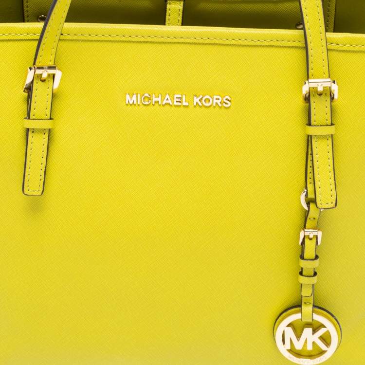 Pre Owned Michael Kors Neon Green Leather Small Jet Set Travel Tote