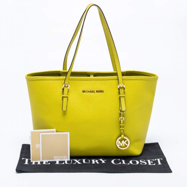 Pre Owned Michael Kors Neon Green Leather Small Jet Set Travel Tote
