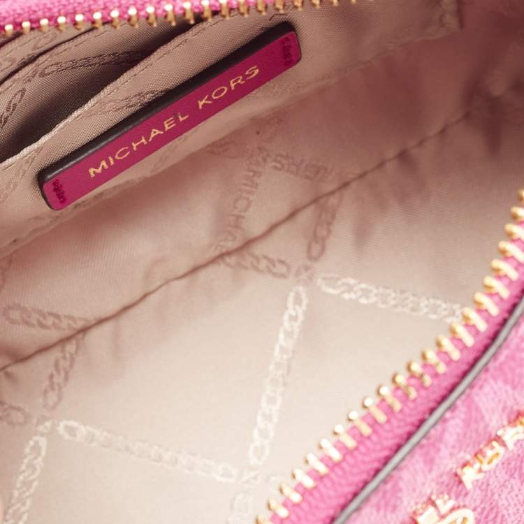Pre Owned Michael Kors Pink Signature Coated Canvas and Leather Charm Pochette Bag