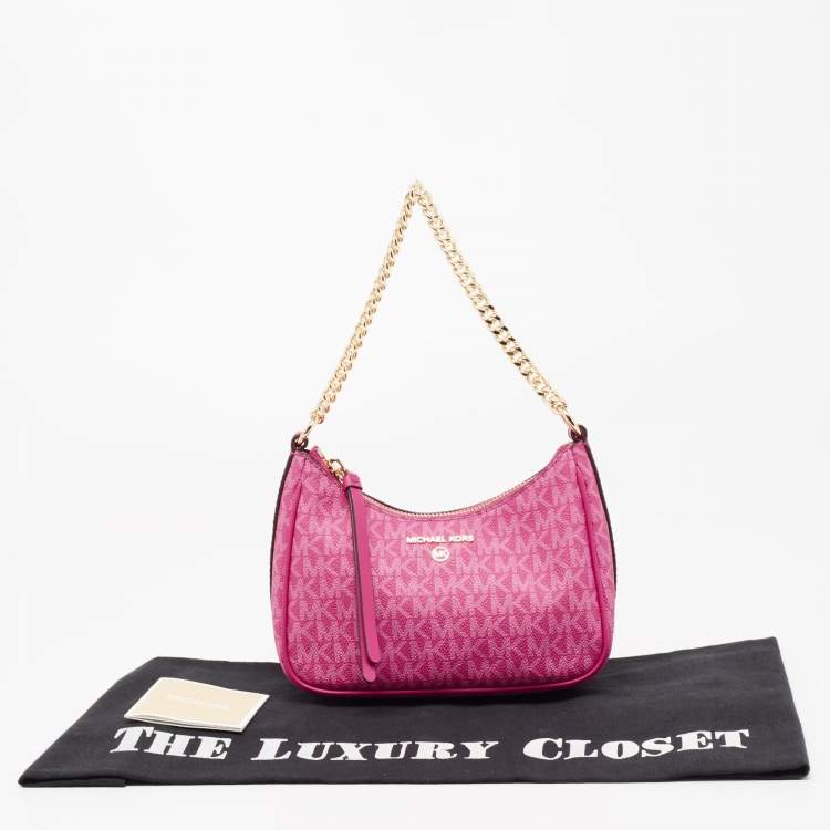 Pre Owned Michael Kors Pink Signature Coated Canvas and Leather Charm Pochette Bag