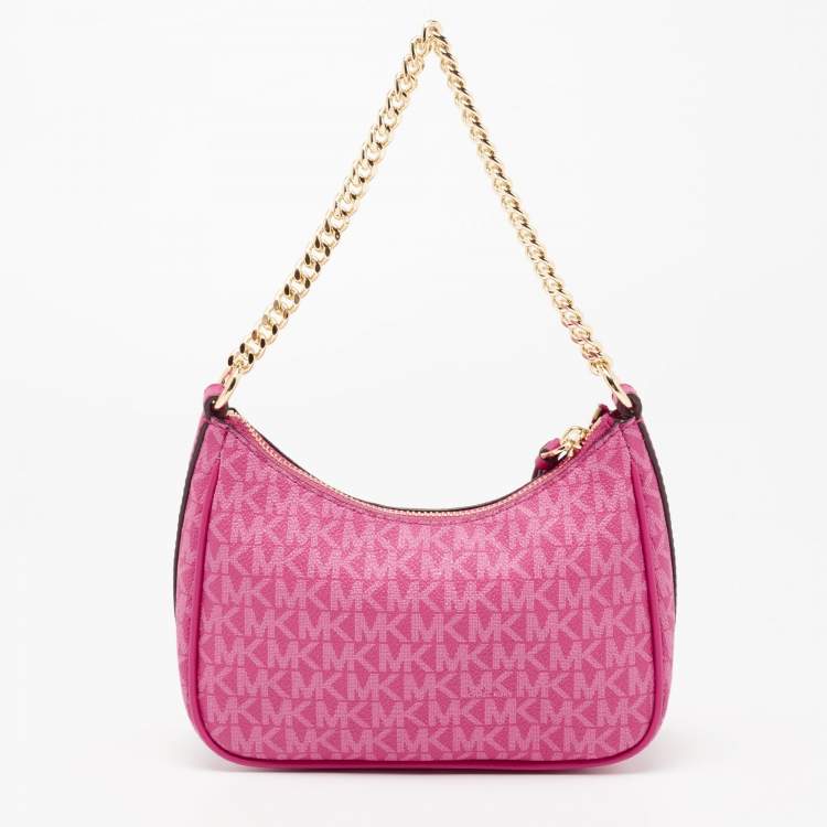 Pre Owned Michael Kors Pink Signature Coated Canvas and Leather Charm Pochette Bag