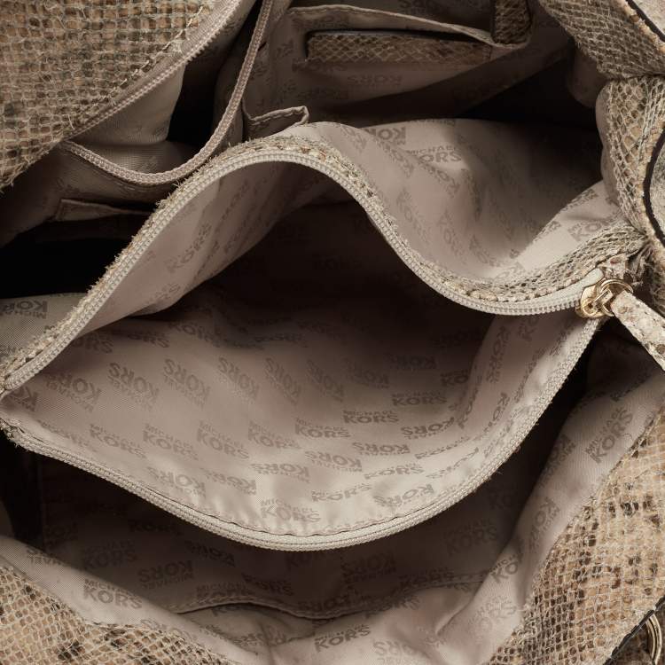 Pre Owned MICHAEL Michael Kors Beige/Black Python Embossed Leather East West Hamilton Tote