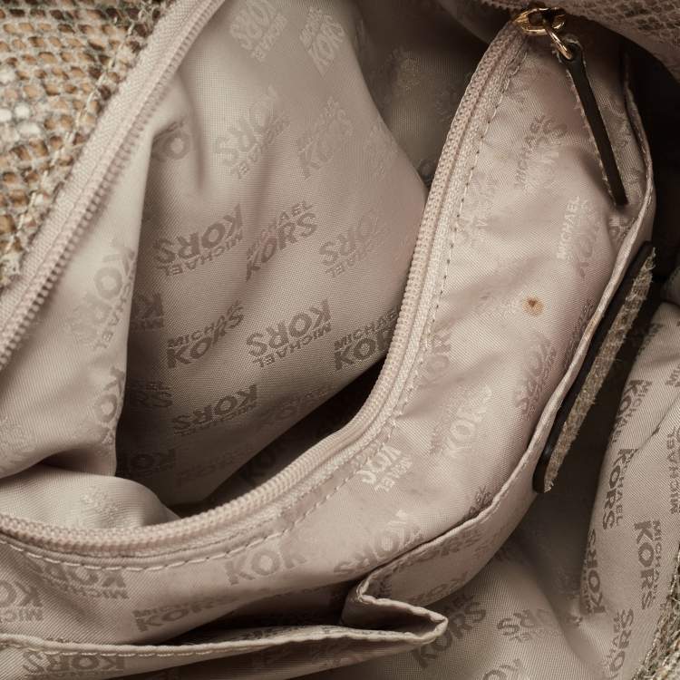 Pre Owned MICHAEL Michael Kors Beige/Black Python Embossed Leather East West Hamilton Tote