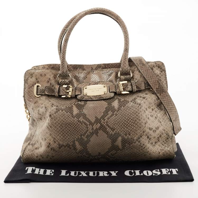 Pre Owned MICHAEL Michael Kors Beige/Black Python Embossed Leather East West Hamilton Tote