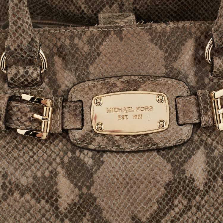 Pre Owned MICHAEL Michael Kors Beige/Black Python Embossed Leather East West Hamilton Tote