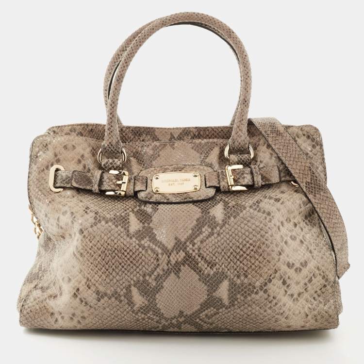 Pre Owned MICHAEL Michael Kors Beige/Black Python Embossed Leather East West Hamilton Tote