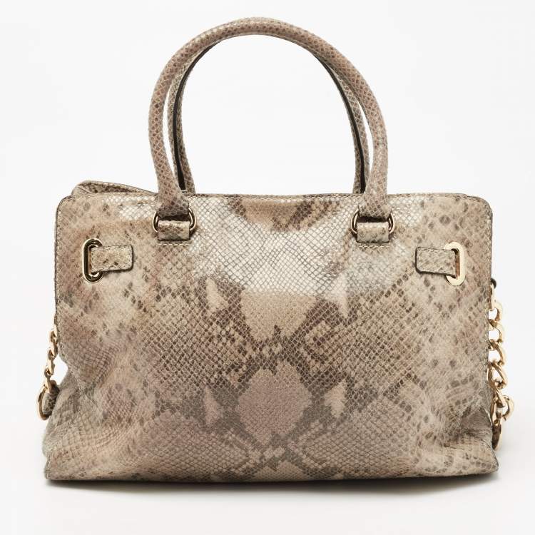 Pre Owned MICHAEL Michael Kors Beige/Black Python Embossed Leather East West Hamilton Tote