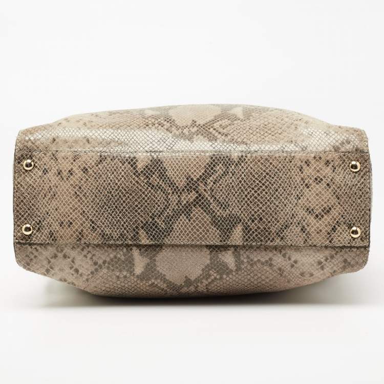 Pre Owned MICHAEL Michael Kors Beige/Black Python Embossed Leather East West Hamilton Tote