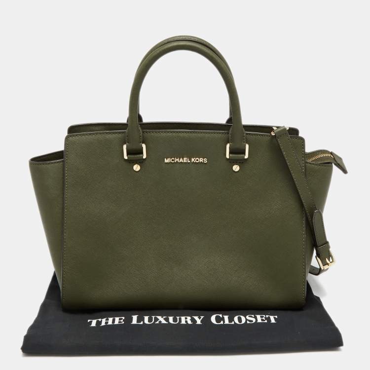 Pre Owned MICHAEL Michael Kors Military Green Saffiano Leather Large Selma Satchel