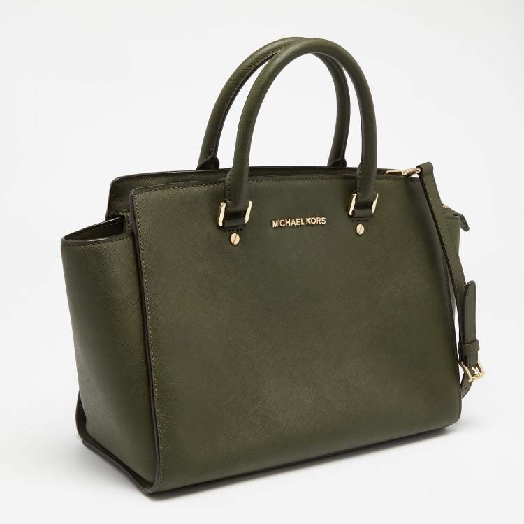 Pre Owned MICHAEL Michael Kors Military Green Saffiano Leather Large Selma Satchel