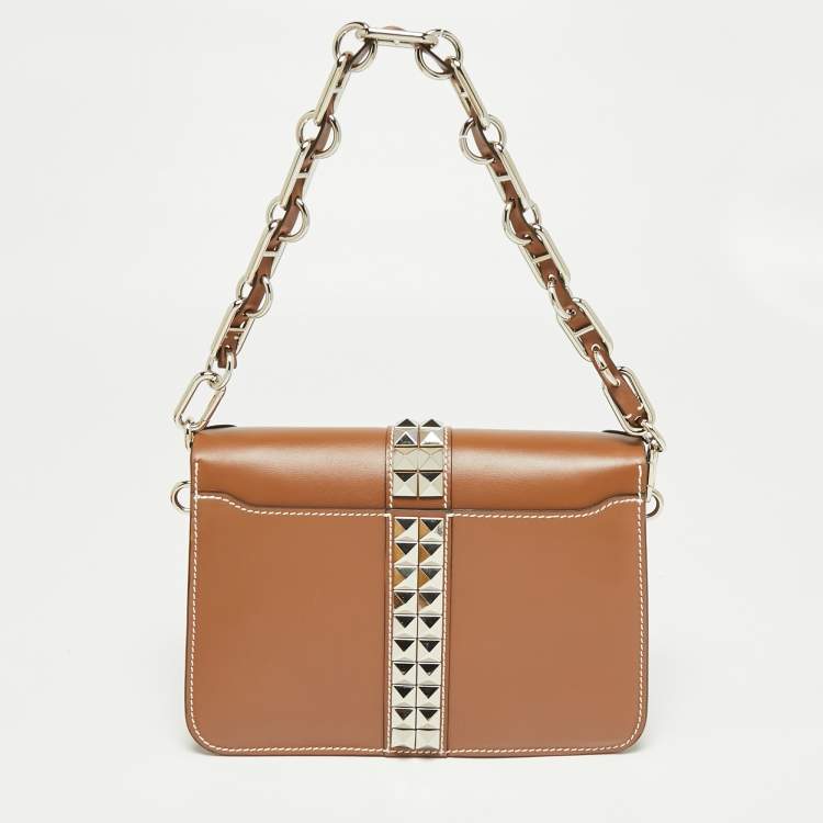 Pre Owned Michael Kors Brown Pebbled Leather Crawford Studded Top Handle Bag