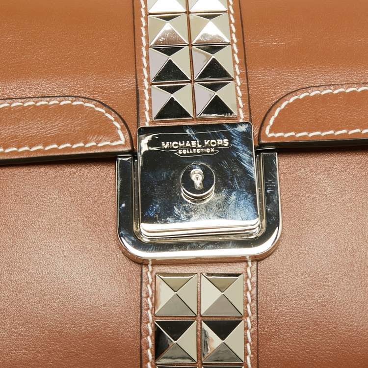 Pre Owned Michael Kors Brown Pebbled Leather Crawford Studded Top Handle Bag