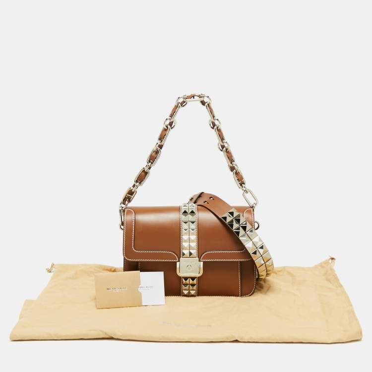 Pre Owned Michael Kors Brown Pebbled Leather Crawford Studded Top Handle Bag