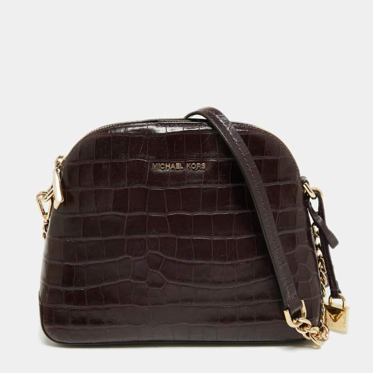 Pre Owned Michael Kors Burgundy Croc Embossed Leather Cindy Shoulder Bag