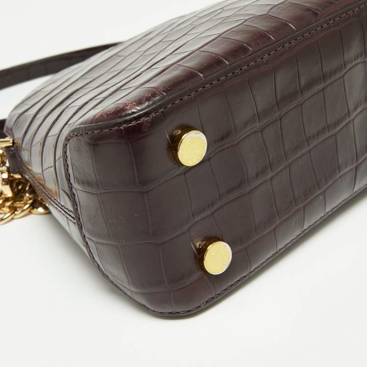 Pre Owned Michael Kors Burgundy Croc Embossed Leather Cindy Shoulder Bag