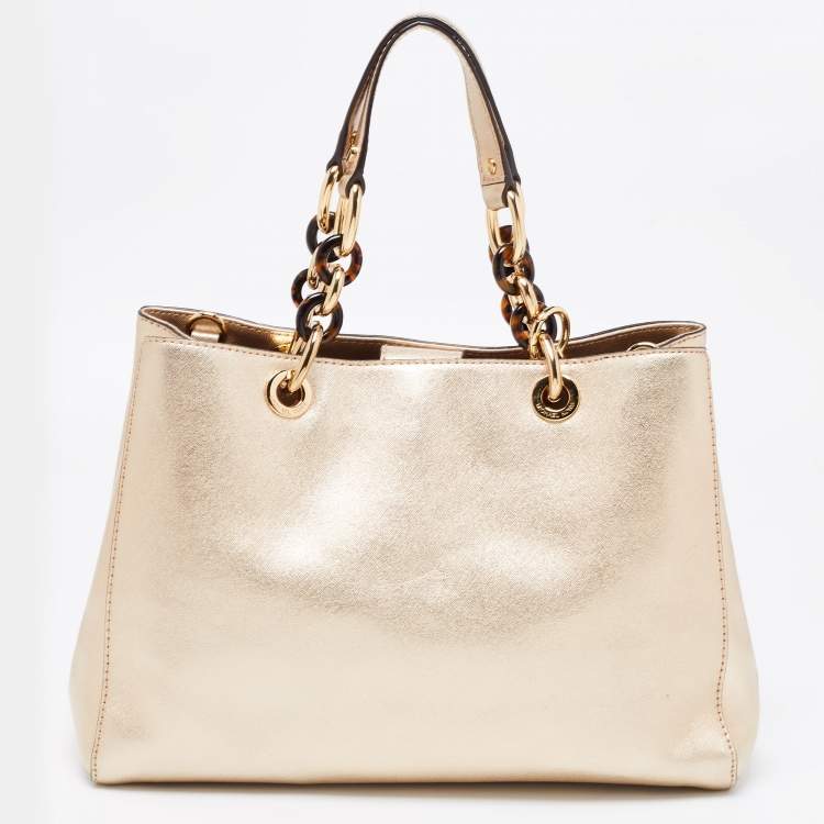 Pre Owned MICHAEL Michael Kors Metallic Gold Leather Medium Cynthia Tote
