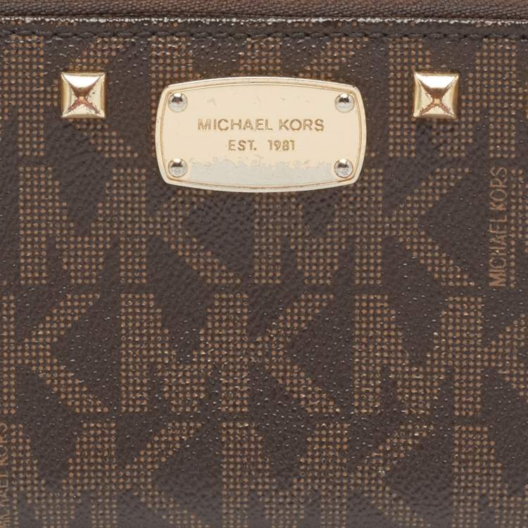 Pre Owned Michael Kors Brown Signature Coated Canvas Studded Zip Around Wallet